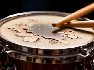 Obraz premium Close-up of worn drumhead with wooden drumsticks on snare drum