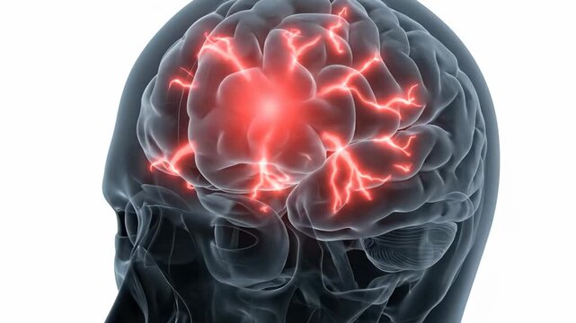 Abstract illustration of a human brain with glowing red lightning bolts symbolizing neurological activity or a sudden idea