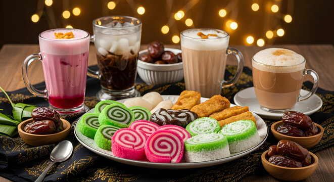 Malaysian Ramadan Takjil with Traditional Kuih and Sweet Drinks