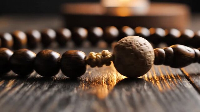 Closeup of a string of dark polished wooden beads on a textured wooden surface with a blurred warm light in the background