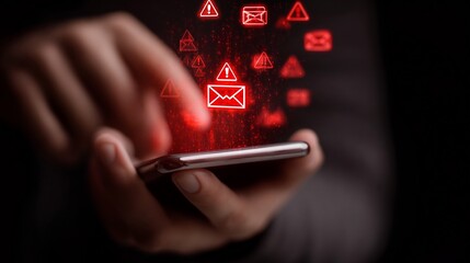 A close-up of a hand interacting with a smartphone, displaying alerts and notifications in red, creating a modern tech vibe.