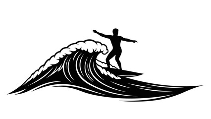 Surfer Riding Ocean Wave Silhouette in Vintage Style