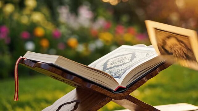 An open ornate book with intricate script and a bookmark on a wooden stand outdoors in a sunlit garden with blurred green foliage and colorful flowers