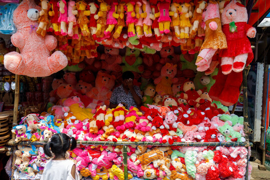 Dhamrai, Bangladesh - 01 July 2022: View of vibrant stuffed animals cascade from the stall at Sri Sri Yasho Madhav Temple, a symphony of color and texture.