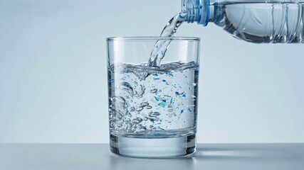 Pouring drinking water contaminated with blue microplastic particles from a plastic bottle into a glass. © Stocky Boi