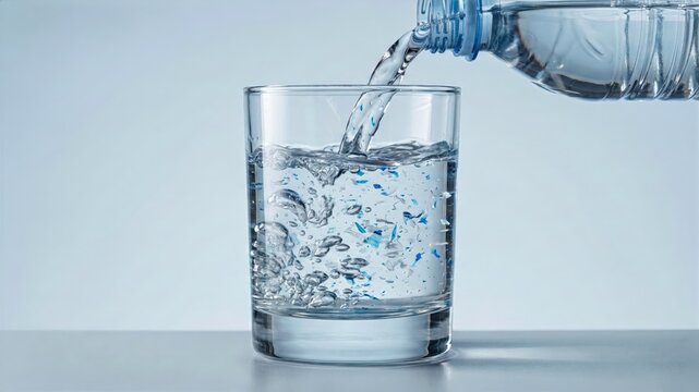 Pouring drinking water contaminated with blue microplastic particles from a plastic bottle into a glass.