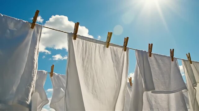 Freshly laundered white linens drying on a clothesline under a bright blue sky with fluffy clouds and warm sunlight a symbol of domesticity and clean living