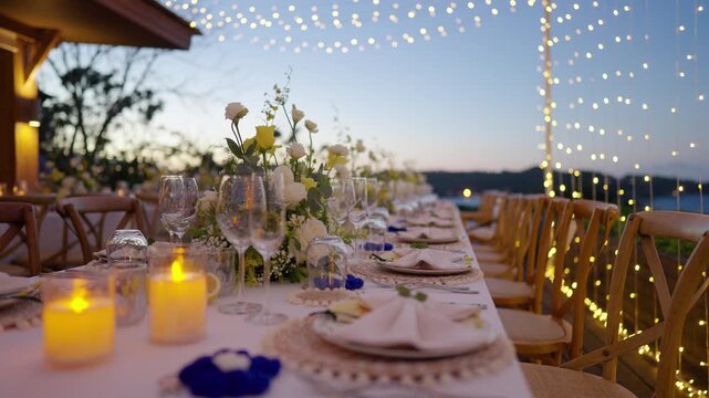 Wedding table with candles dinner.  Setting table row chair flower reception party.
