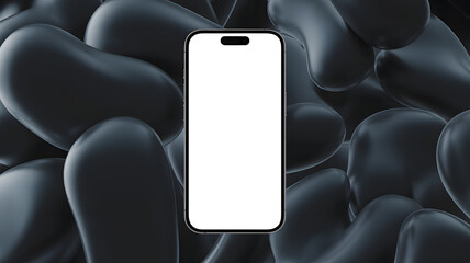 A sleek smartphone with a blank screen is placed on a dark background with smooth rounded shapes