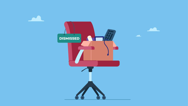 Office chair with package and dismissal sign. Dismissed staff, lay off or unemployed employee, losing job or being fired, retired staff, quit or resign from job position.