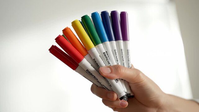 Hand Holding a Collection of Rainbow Colored Markers Against White