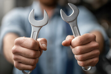 Hands of a skilled mechanic gripping two silver open-ended spanners ready for repair work in a workshop environment with blurred background details