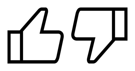 Set of thumb up and thumb down line icons, black like and dislike outline symbols, hollow buttons isolated on white