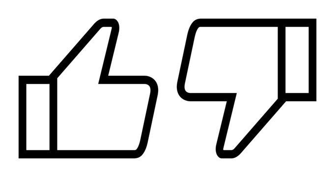 Set of thumb up and thumb down line icons, black like and dislike outline symbols, hollow buttons isolated on white