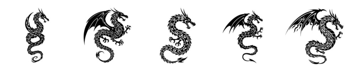 Intricate Black and White Dragon Silhouette Set with Various Poses and Wing Styles