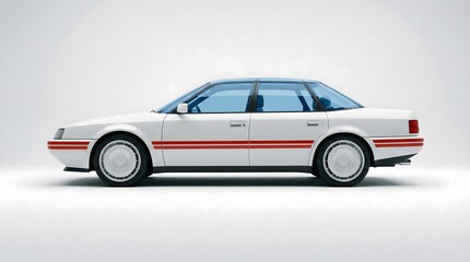 Obraz premium A sleek side view of a white retro-futuristic sedan with red racing stripes and blue-tinted windows against a clean white background.