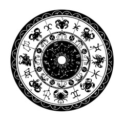Detailed Black and White Astrology Zodiac Sign Circle Illustration