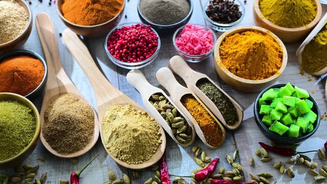 Composition with assortment of spices and herbs.