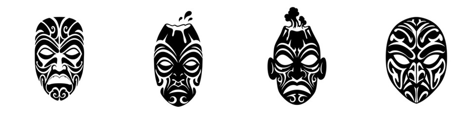 Naklejka premium Monochromatic Decorative Tribal Maori Style Facial Mask Face Shape Set