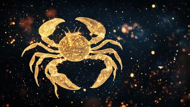 Cancer zodiac constellation in minimal line art style, thin golden lines forming crab shape on dark background, modern mystical astrology design with celestial elements and copy space for text