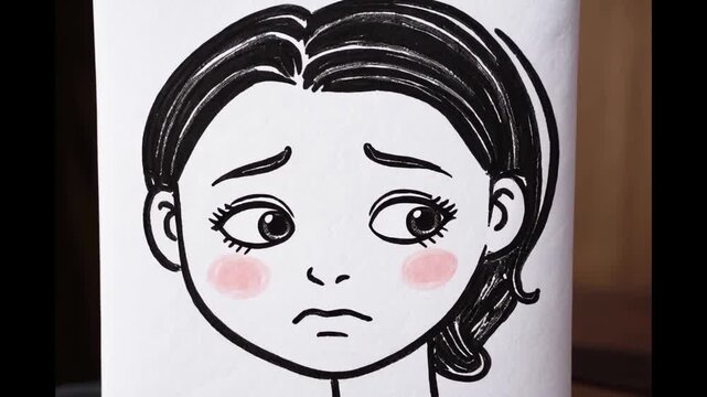 A girl with sad face, cartoon style.