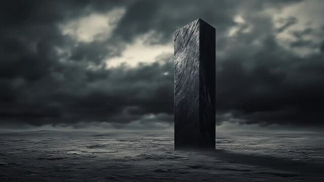 Abstract monumental stone structure against overcast sky background