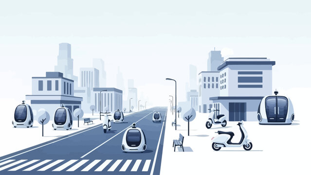 Futuristic cityscape with autonomous vehicles and modern urban transportation.
