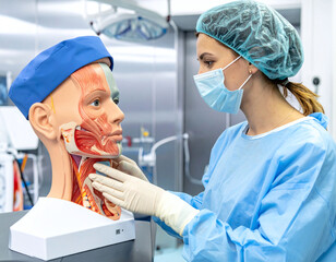 Focused female surgeon in blue scrubs studies an anatomical head model, showcasing medical education and surgical training. Ideal for healthcare, simulation, and science marketing.