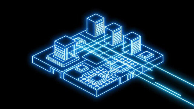 Futuristic Neon Isometric Circuit Board Architecture Concept.