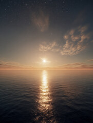 Obraz premium Serene ocean horizon at sunset with shimmering golden light reflecting on calm water under a beautifully textured sky with gentle clouds and stars beginning to appea