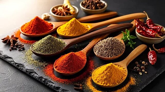 Assortment of Colorful Indian Spices in Wooden Spoons on a Dark Stone Background