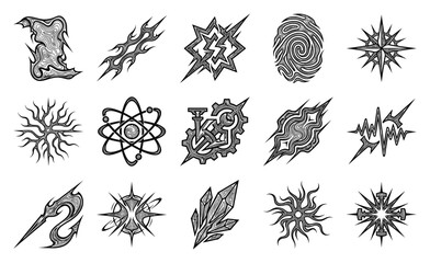 Blackwork Engraving Mystical Elemental Asset Sheet for Dark Fantasy Graphic Design and Apparel Branding