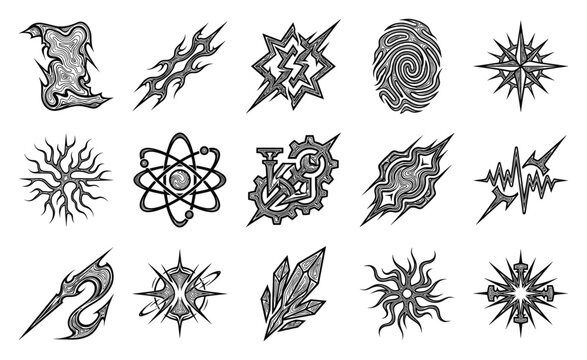 Blackwork Engraving Mystical Elemental Asset Sheet for Dark Fantasy Graphic Design and Apparel Branding