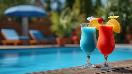 Two colorful drinks in tall glasses with umbrellas on top, one blue and one red. The drinks are on a table next to a pool