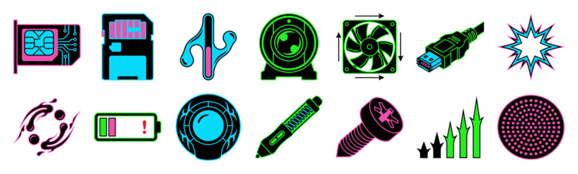 Neon Cyberpunk Hardware Graphics Asset Sheet for Futuristic Technology and PC Gaming Hardware Branding