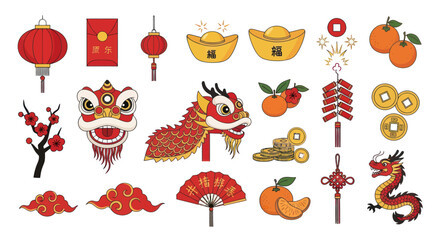 Chinese New Year Decorations: Dragon, Lanterns, Firecrackers, Oranges, Gold, Lucky Symbols