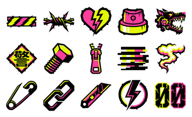 Cyberpunk Neo-Punk Graphic Asset Kit with Gritty Streetwear Elements for Edgy Brand Identity and Apparel Design