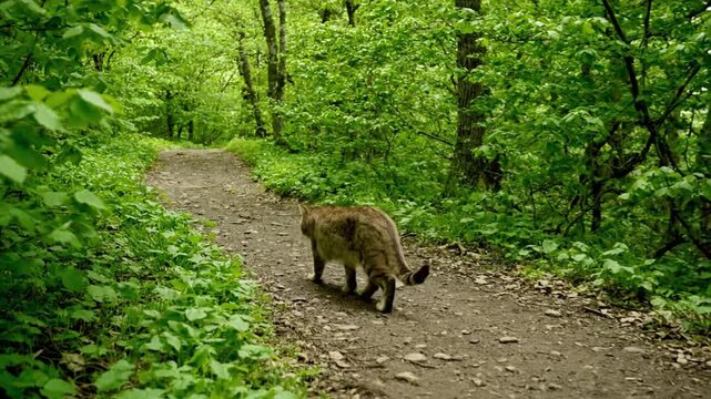Cat walking forest path