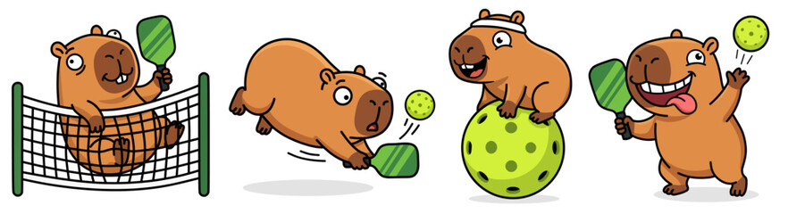 Funny Capybara Pickleball Players: Set of four cute vector cartoon rodents with paddles and balls. Happy animal mascots playing sports, diving, serving, and balancing on the net for design usage.