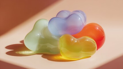 High transparent silicone accessories with jelly appearance in soft curves and playful forms, featuring pastel tones on a minimal background with soft shadows