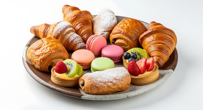 Assorted french pastries on a wooden tray