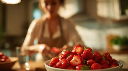 Woman preparing dessert with fresh strawberries in a home kitchen, soft focus on strawberries in foreground, warm natural light illuminating the scene