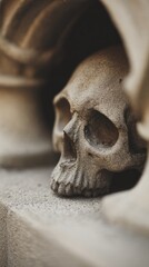 Naklejka premium crypt. Weathered stone skull in a wall niche with soft directional lighting. event programs, museum guides, designed for cultural heritage projects and event programs, preserves heritage. 