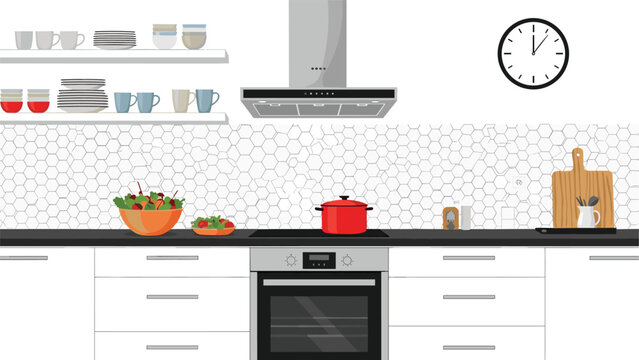 Contemporary kitchen design featuring white cabinets, subway tile backsplash, stainless steel hood, and cooking accessories.