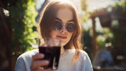 High woman with sunglasses holding a glass of black currant drink, seated outdoors in a lush terrace setting, enjoying a seasonal beverage in natural sunlight