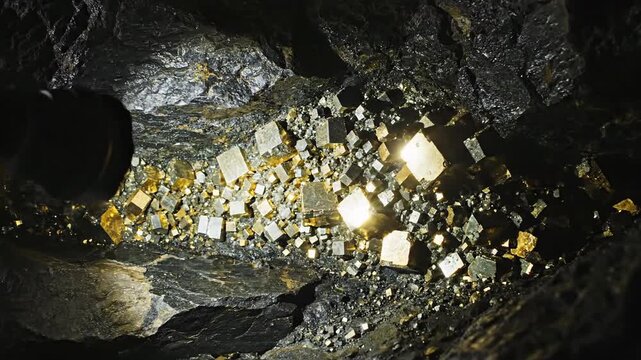 Golden Pyrite Cubes Sparkle Deep Within a Dark Cave