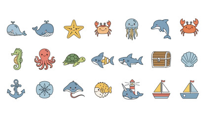 Cute Sea Animals and Ocean Themed Items Cartoon Vector Collection © icik icik bum