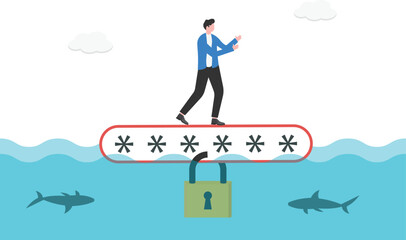 Obraz premium Businessman Balancing on Password Bar in Shark Infested Sea for Risk Management 
