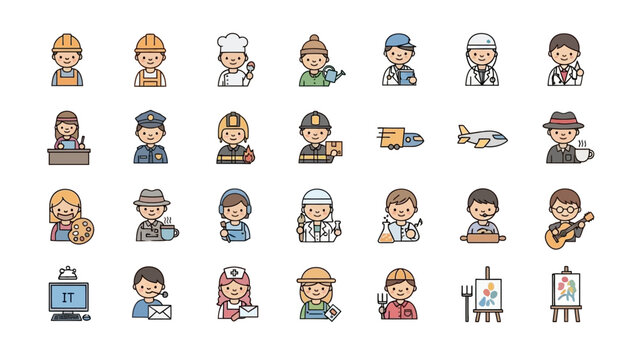 Collection of diverse career and profession icons in a flat design style.