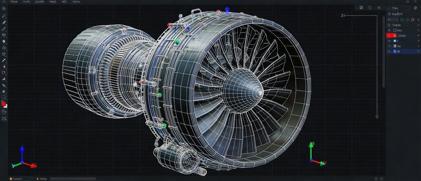 Futuristic jet engine turbine assembly displayed in 3D wireframe modeling software interface with dark UI, technical grid background, colored transform gizmos, and mechanical engineering components.